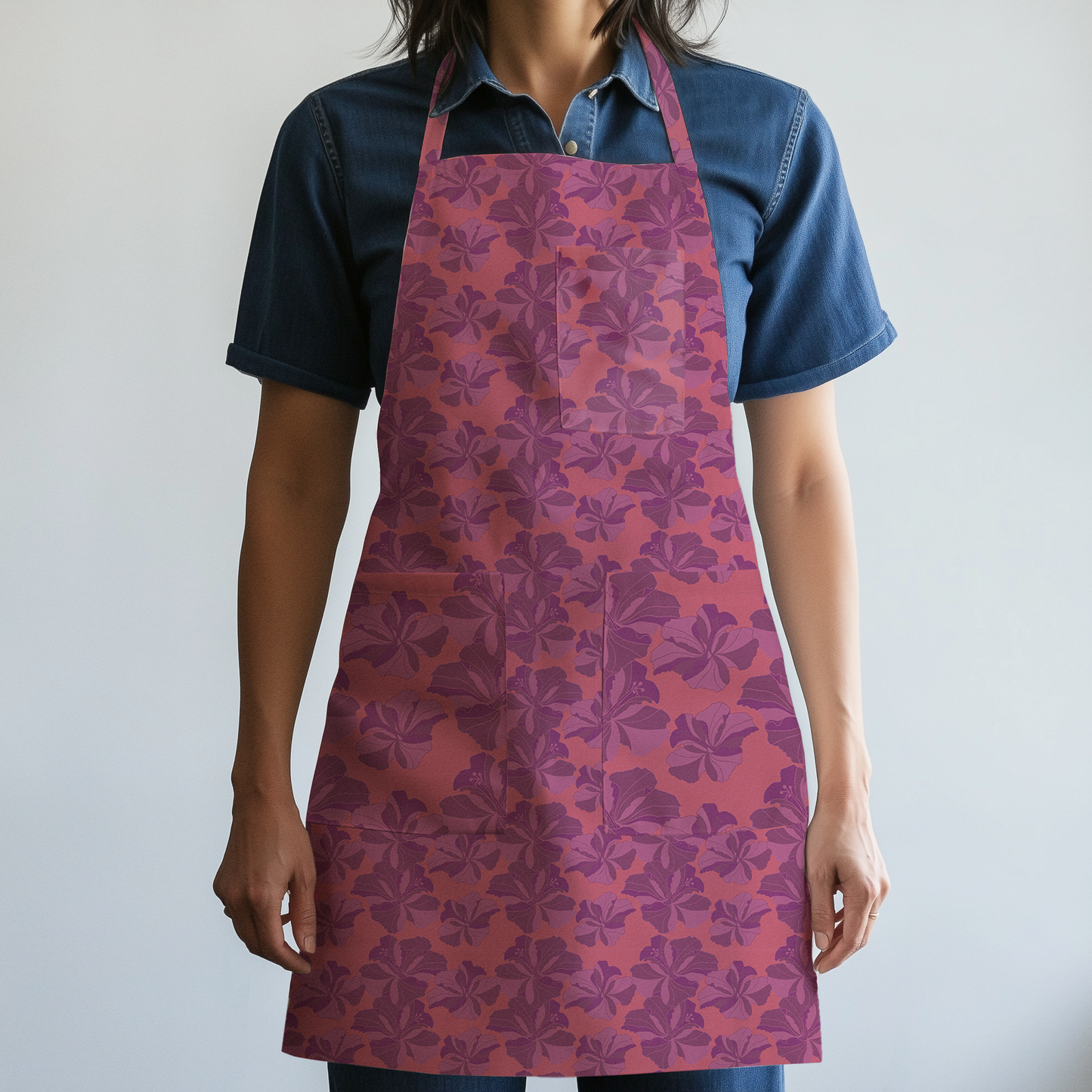 Tropical Cayena Full Chef Apron in Coral & Purple in Mid Weight Cotton Twill