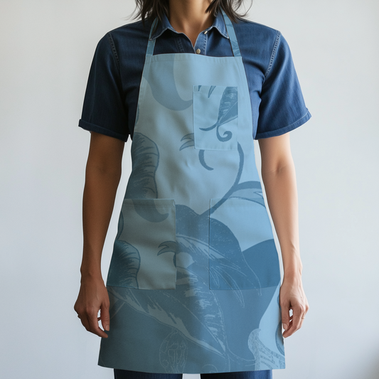 Tropical Paissage Full Chef Apron in Blue in Mid Weight Cotton Twill