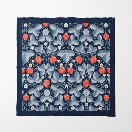 Arts & Crafts Strawberries in Blue Napkin in Organic Cotton Voile