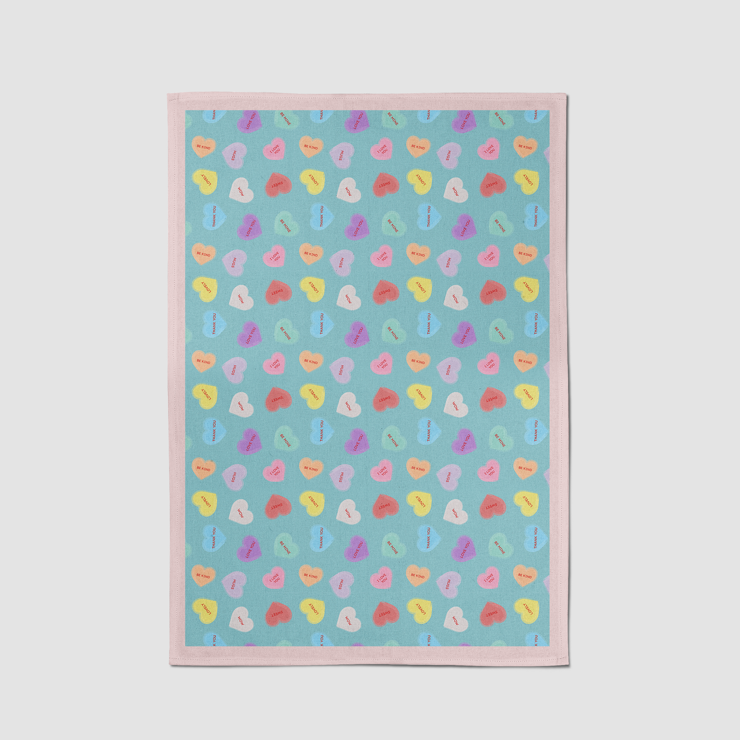 Aqua Candy Hearts with Valentine Pink Tea Towel