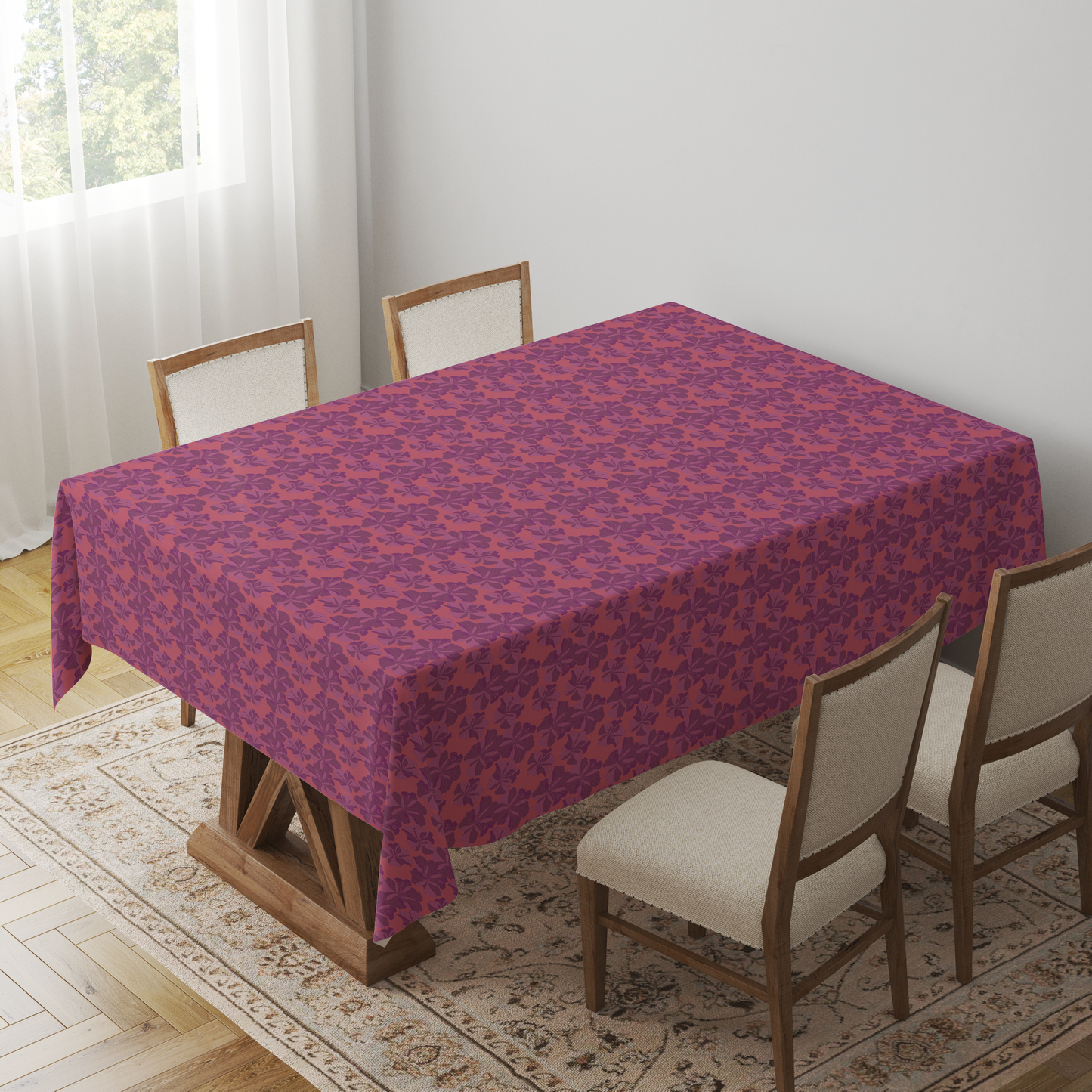 Tropical Cayena Tablecloth in Coral & Purple in Lightweight Linen