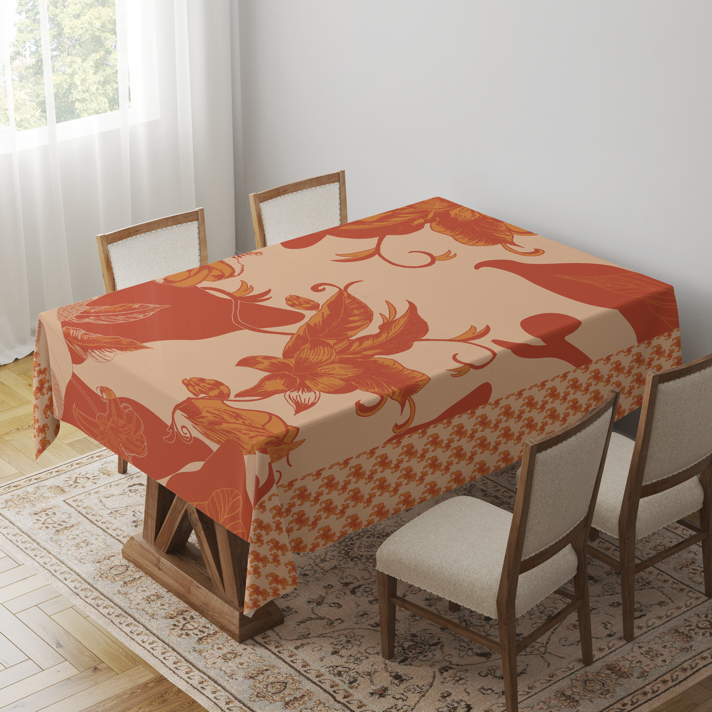Tropical Paissage Tablecloth in Orange in Mid Cotton Twill