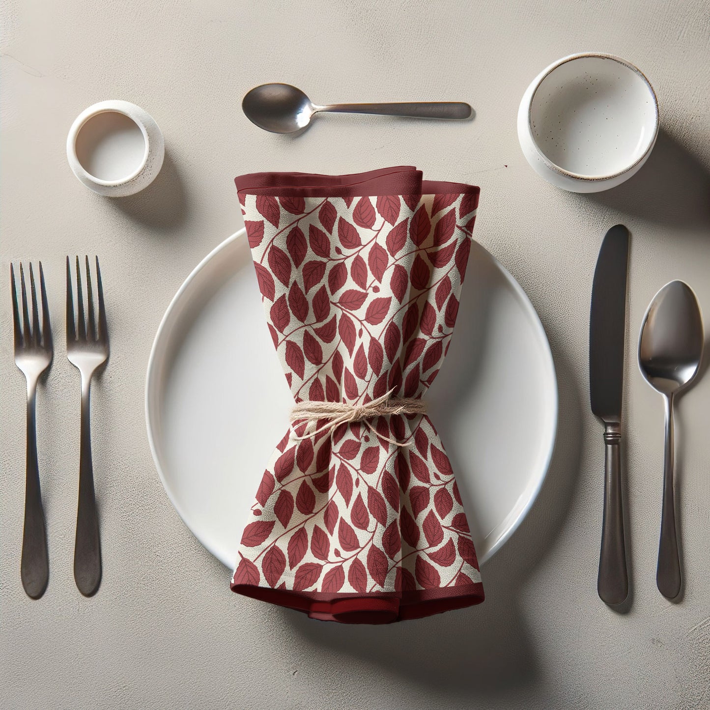 Bowing Birch Leaves in Crimson & Cream Napkin in Organic Cotton Voile