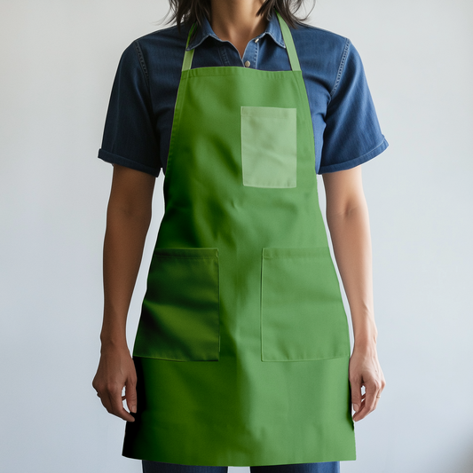 Solid Full Chef Apron in Sage with Light Green Pocket in Mid Weight Cotton Twill
