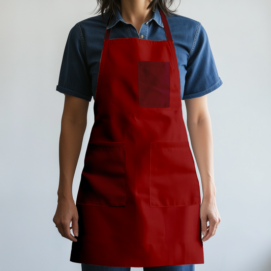 Solid Full Chef Apron in Dull Red with Deep Red Pocket in Mid Weight Cotton Twill