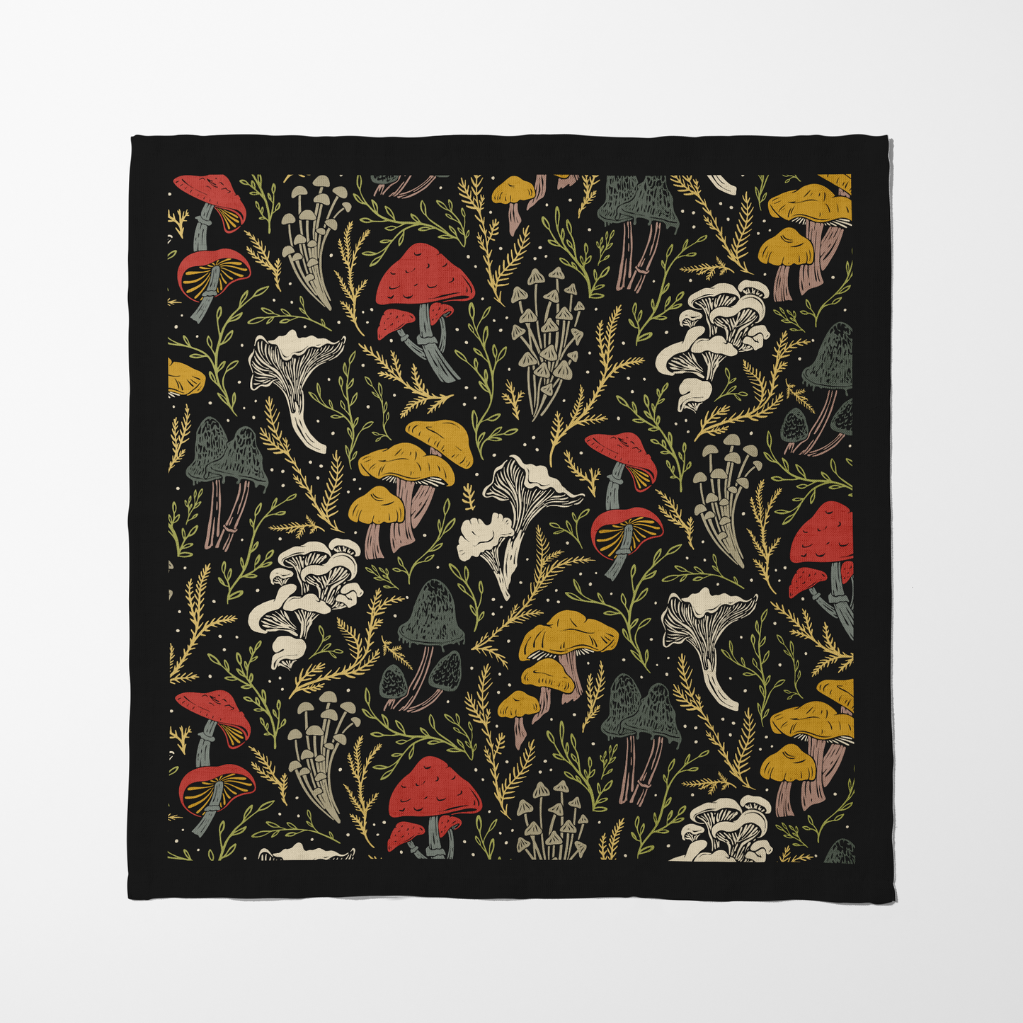 Flavorful Fungi Edible Mushrooms Black Napkin in Organic Cotton Voile
