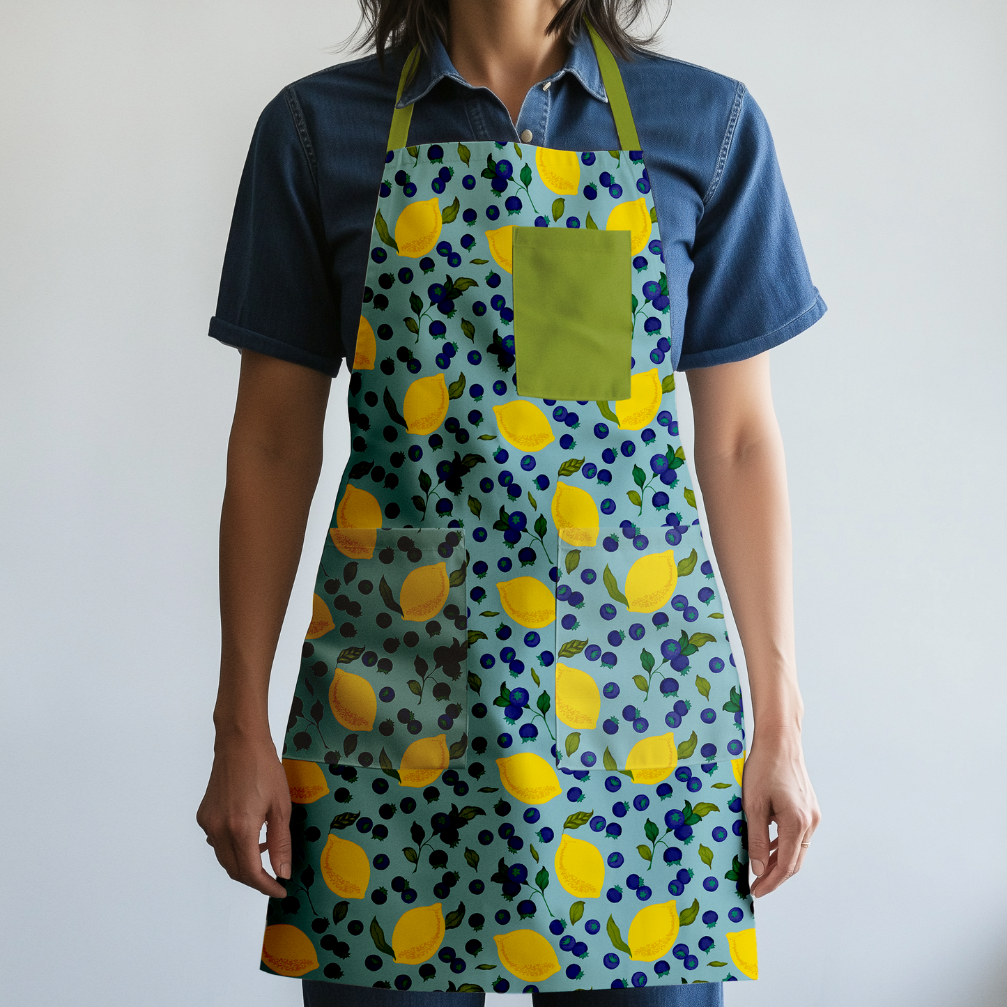 Spring Lemons Full Chef Apron in Aqua in Mid Weight Cotton Twill