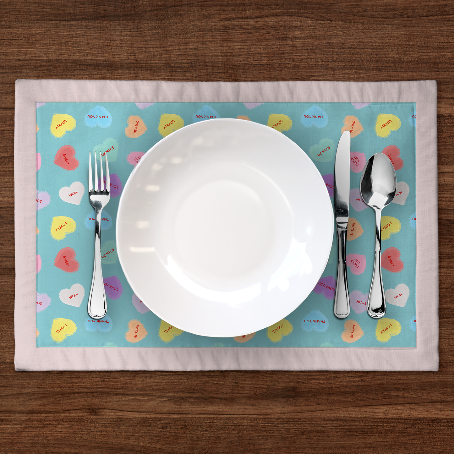 Aqua Candy Hearts with Valentine Pink Placemat