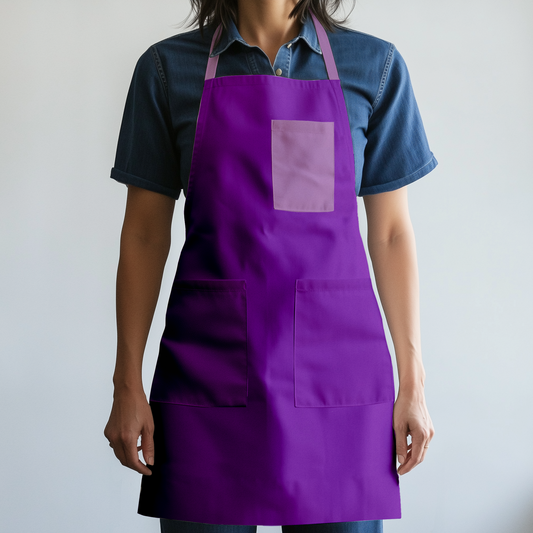 Solid Full Chef Apron in Purple with Pink Pocket in Mid Weight Cotton Twill