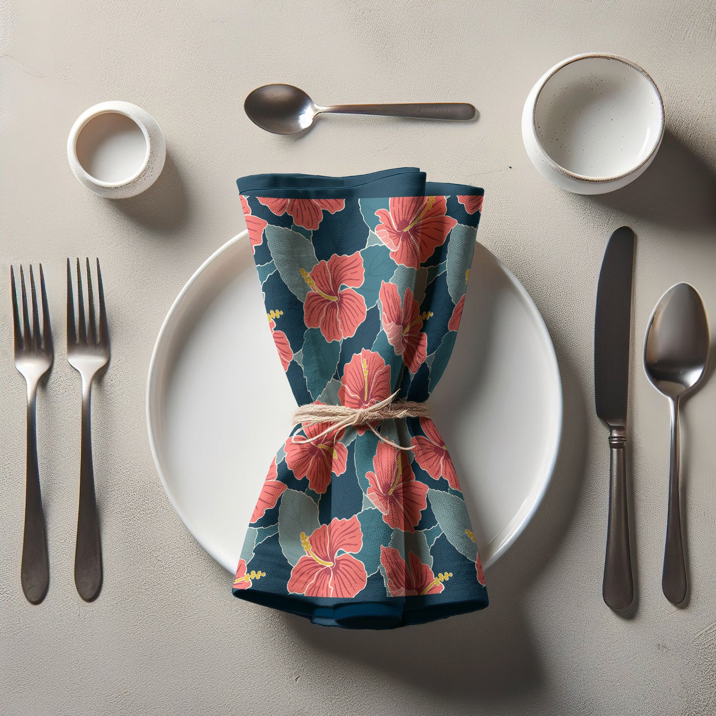 Tropical Hibiscus in Blue Napkin in Organic Cotton Voile