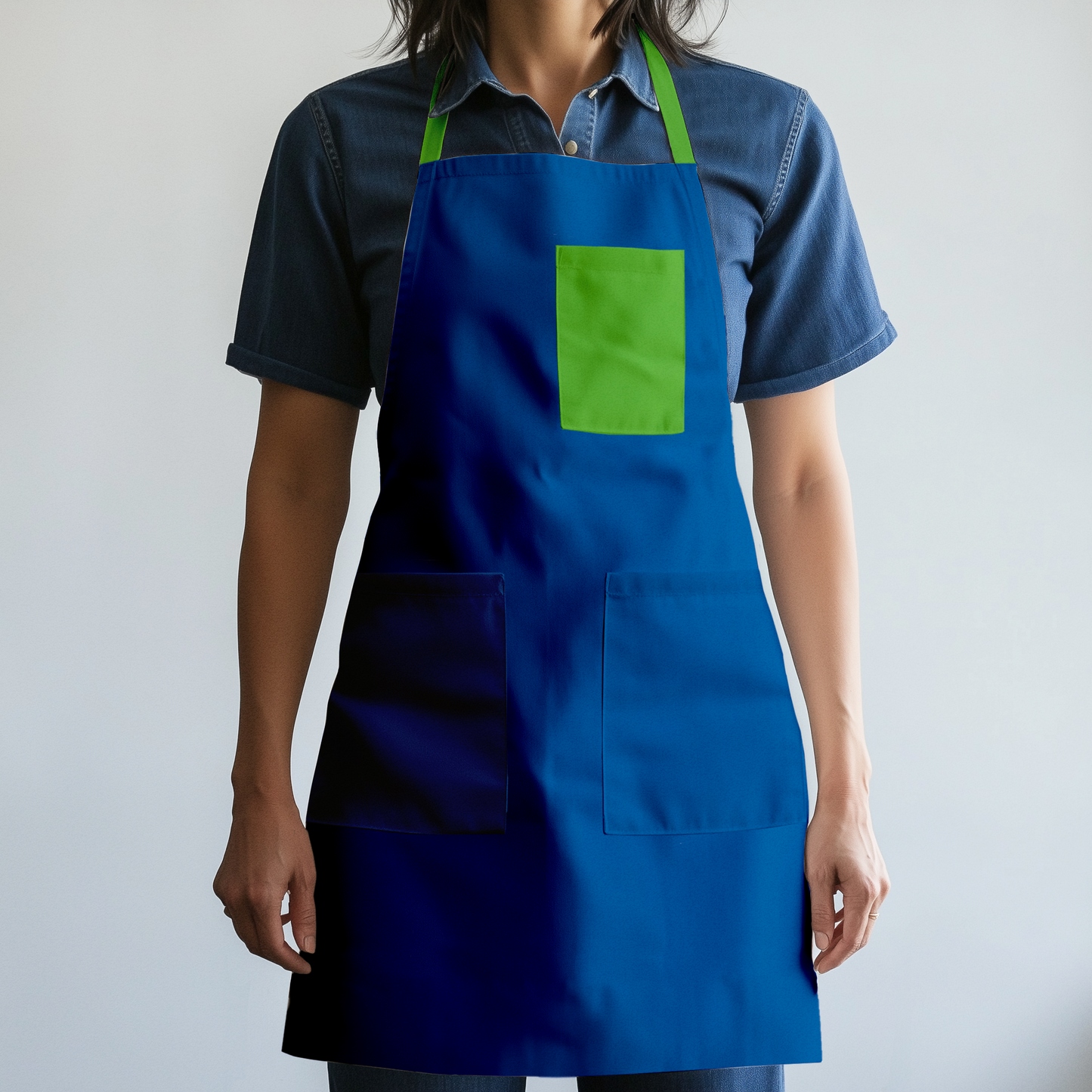Solid Full Chef Apron in Deep Blue with Green Pocket in Mid Weight Cotton Twill