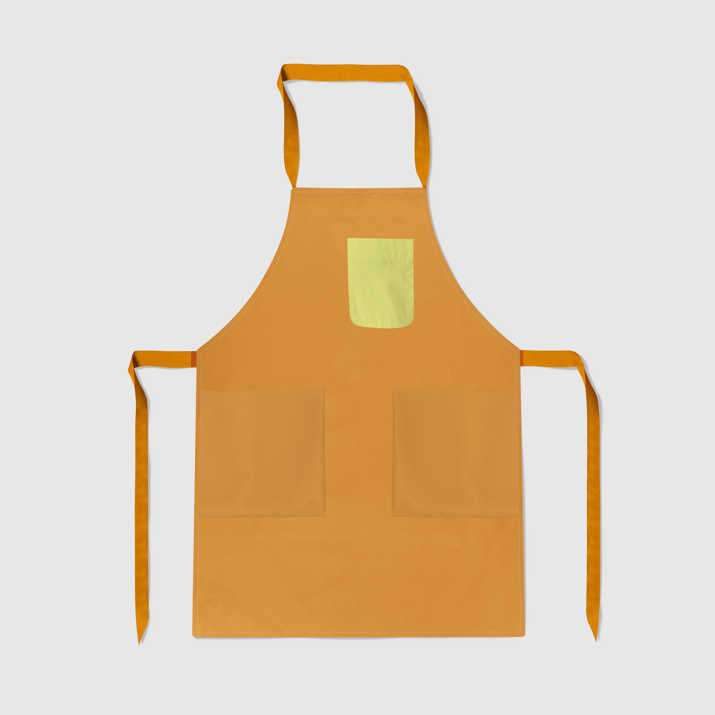 Solid Full Chef Apron in Light Orange with Yellow Pocket in Mid Weight Cotton Twill