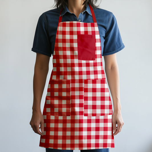 Gingham Full Chef Apron in Picnic Red in Mid Weight Cotton Twill