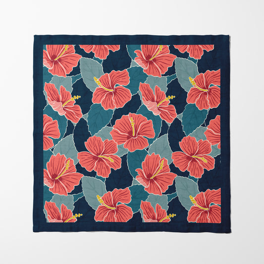 Tropical Hibiscus in Blue Napkin in Organic Cotton Voile