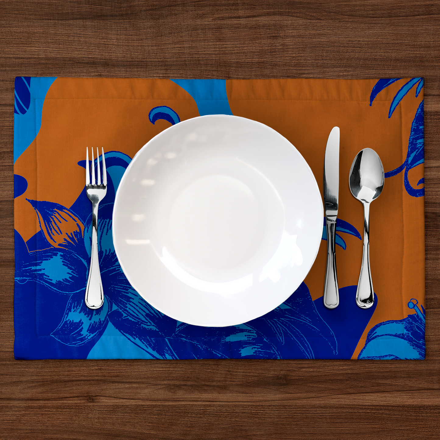 Tropical Paissage Placemat in Blue & Orange in Lightweight Linen