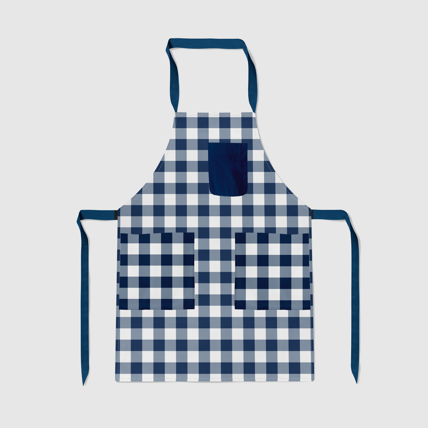 Gingham Full Chef Apron in Navy in Mid Weight Cotton Twill