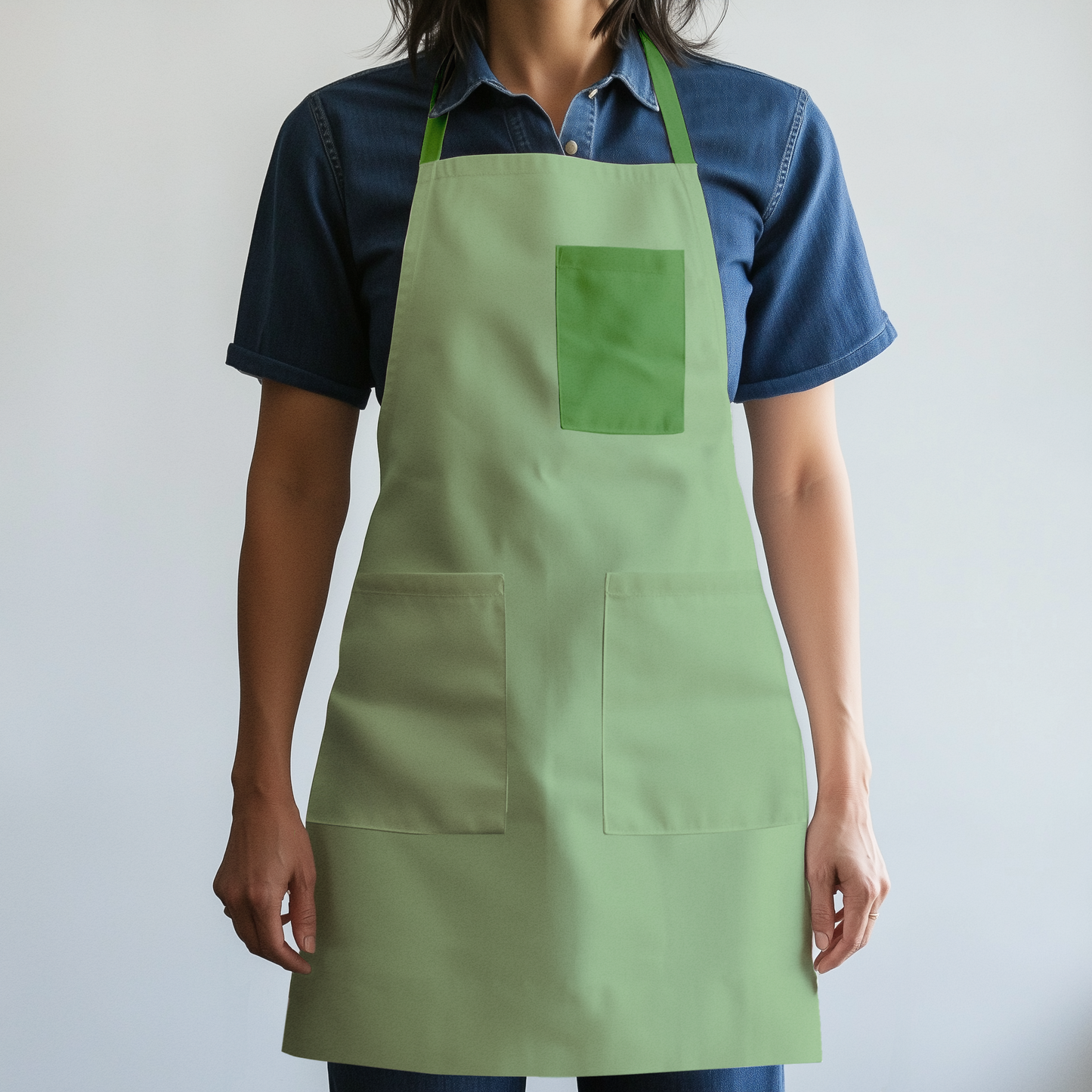 Solid Full Chef Apron in Light Green with Sage Pocket in Mid Weight Cotton Twill