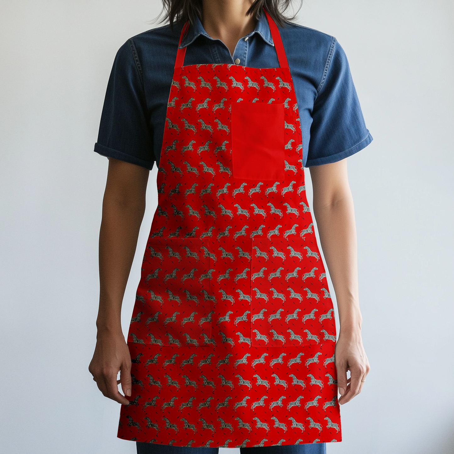 Leaping Zebras Full Chef Apron in Red in Mid Weight Cotton Twill