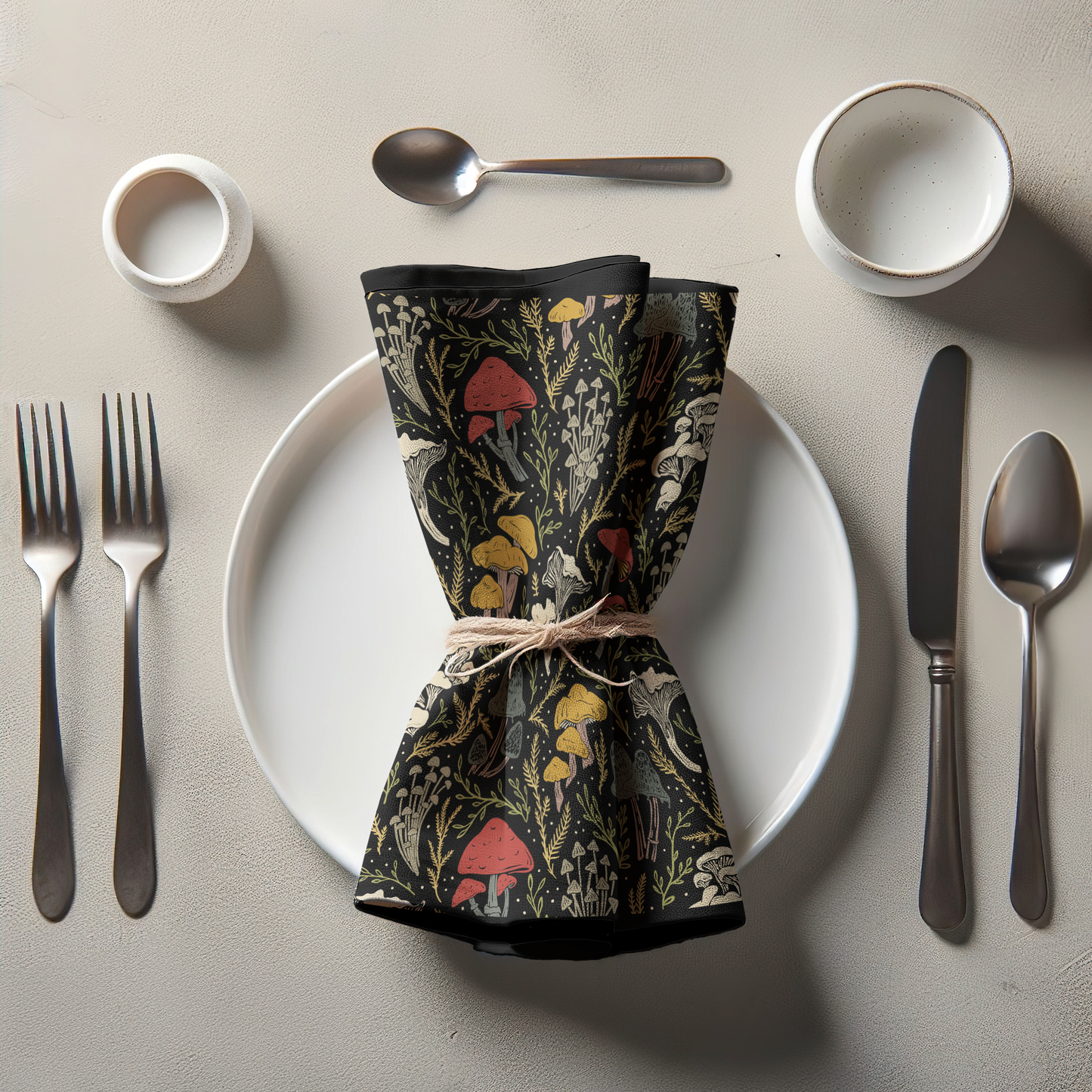 Flavorful Fungi Edible Mushrooms Black Napkin in Organic Cotton Voile