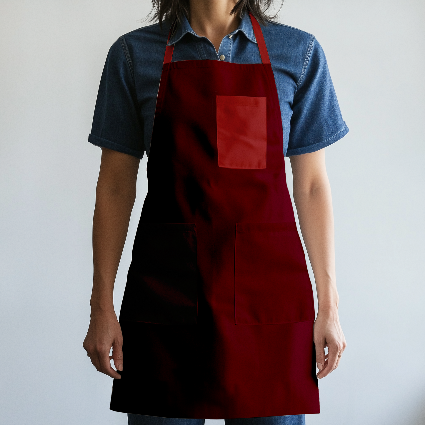 Solid Full Chef Apron in Deep Red with Dull Red Pocket in Mid Weight Cotton Twill
