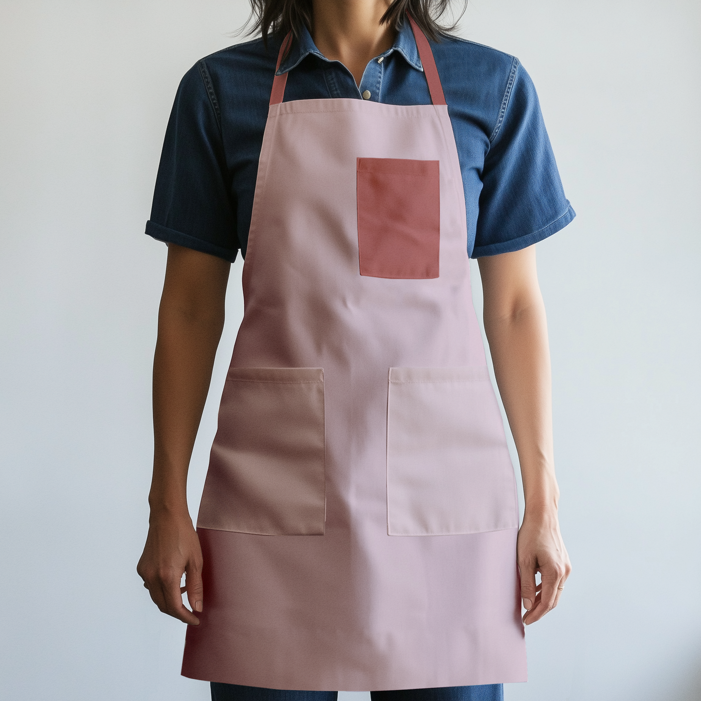 Solid Full Chef Apron in Blush with Red Pocket in Mid Weight Cotton Twill