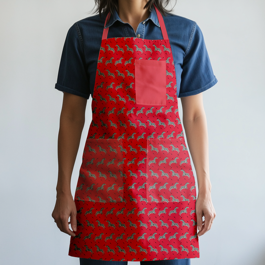 Leaping Zebras Full Chef Apron in Poppy in Mid Weight Cotton Twill
