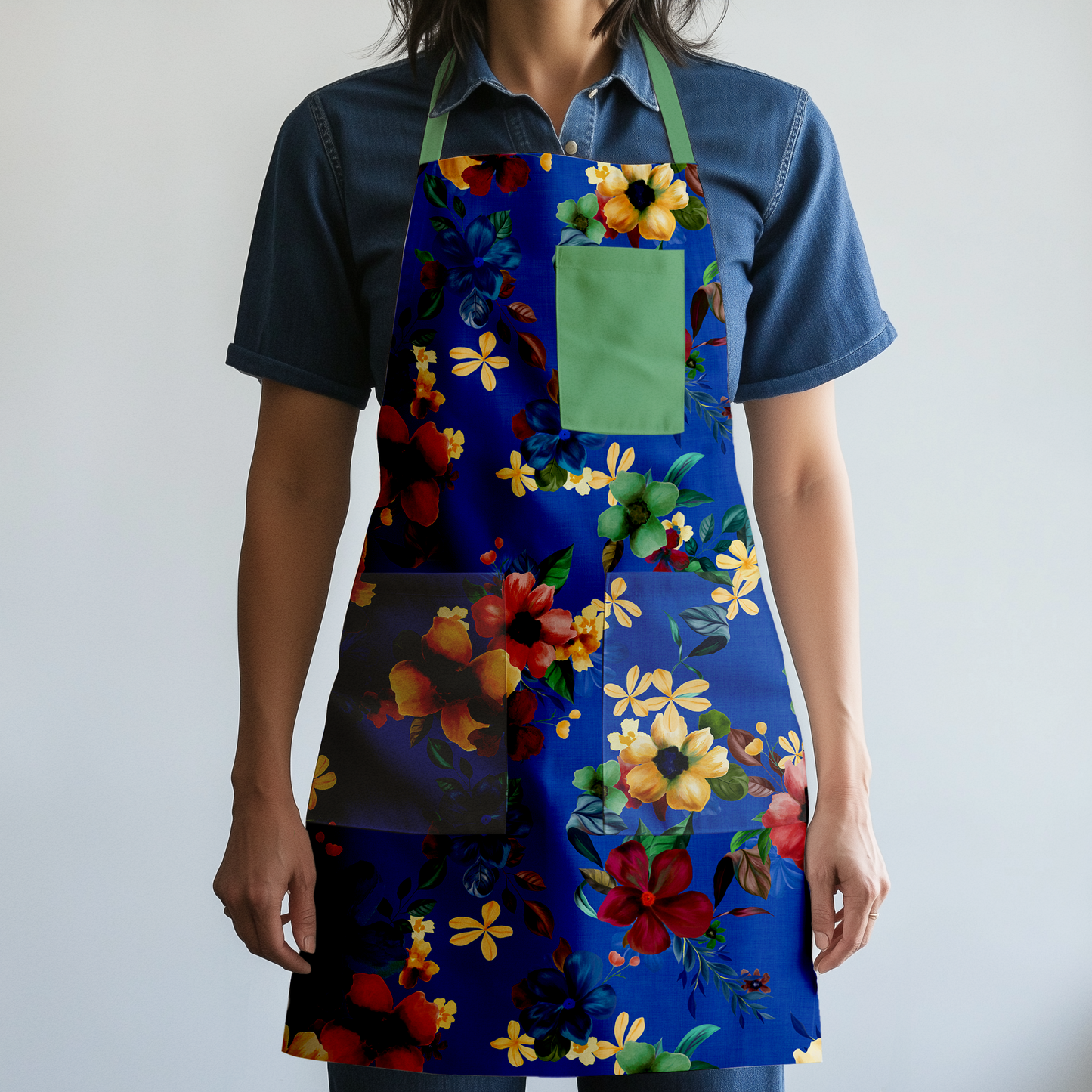 Martiniques Marigolds Full Chef Apron in Blue in Mid Weight Cotton Twill