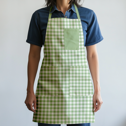 Mini Gingham Full Chef Apron in Pastel Green in Mid Weight Cotton Twill