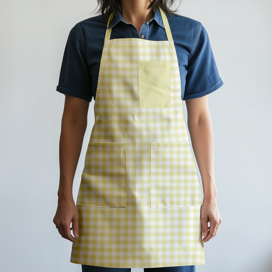 Mini Gingham Full Chef Apron in Pastel Yellow in Mid Weight Cotton Twill