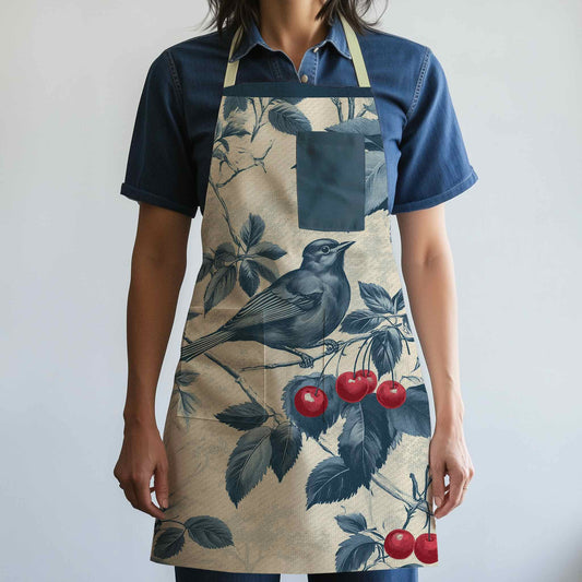 Nestled Cherries Apron in Heritage Navy