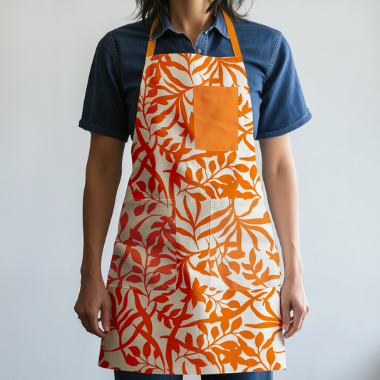 Figi Floral Full Chef Apron in Orange in Mid Weight Cotton Twill