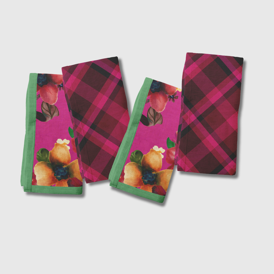 Plaid x Floral Napkins in Pink | Set of 4
