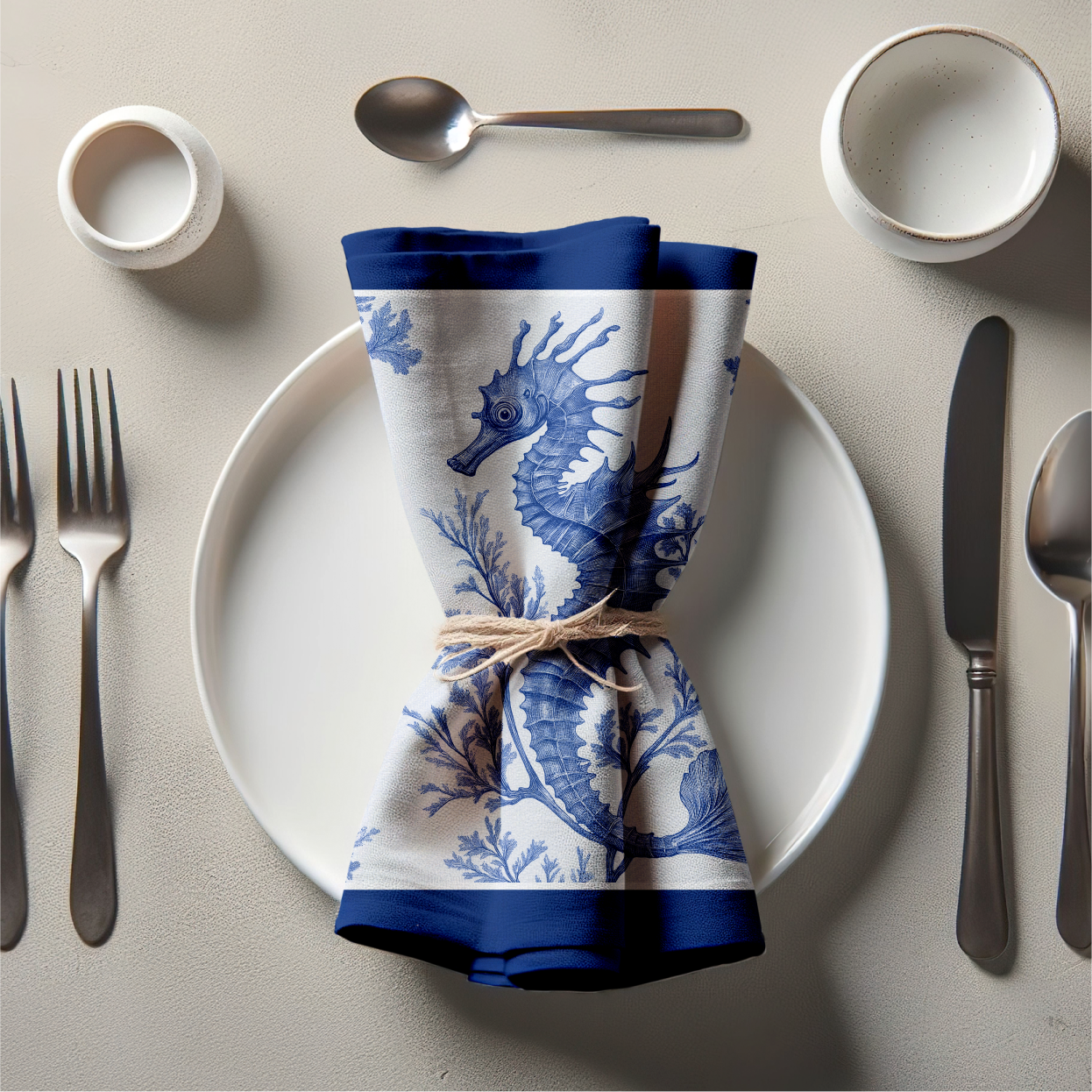 Seahorse Toile Napkin in Classic Navy