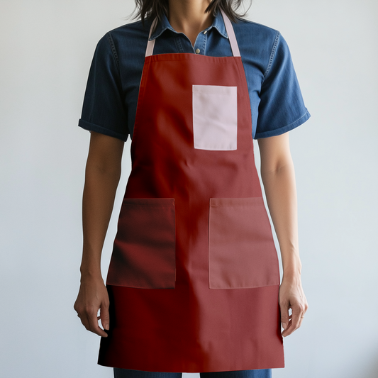 Solid Full Chef Apron in Red with Blush Pocket in Mid Weight Cotton Twill