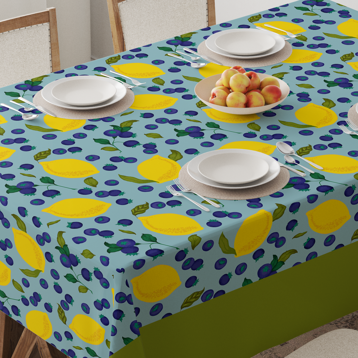 Spring Lemons Tablecloth in Aqua - Linen
