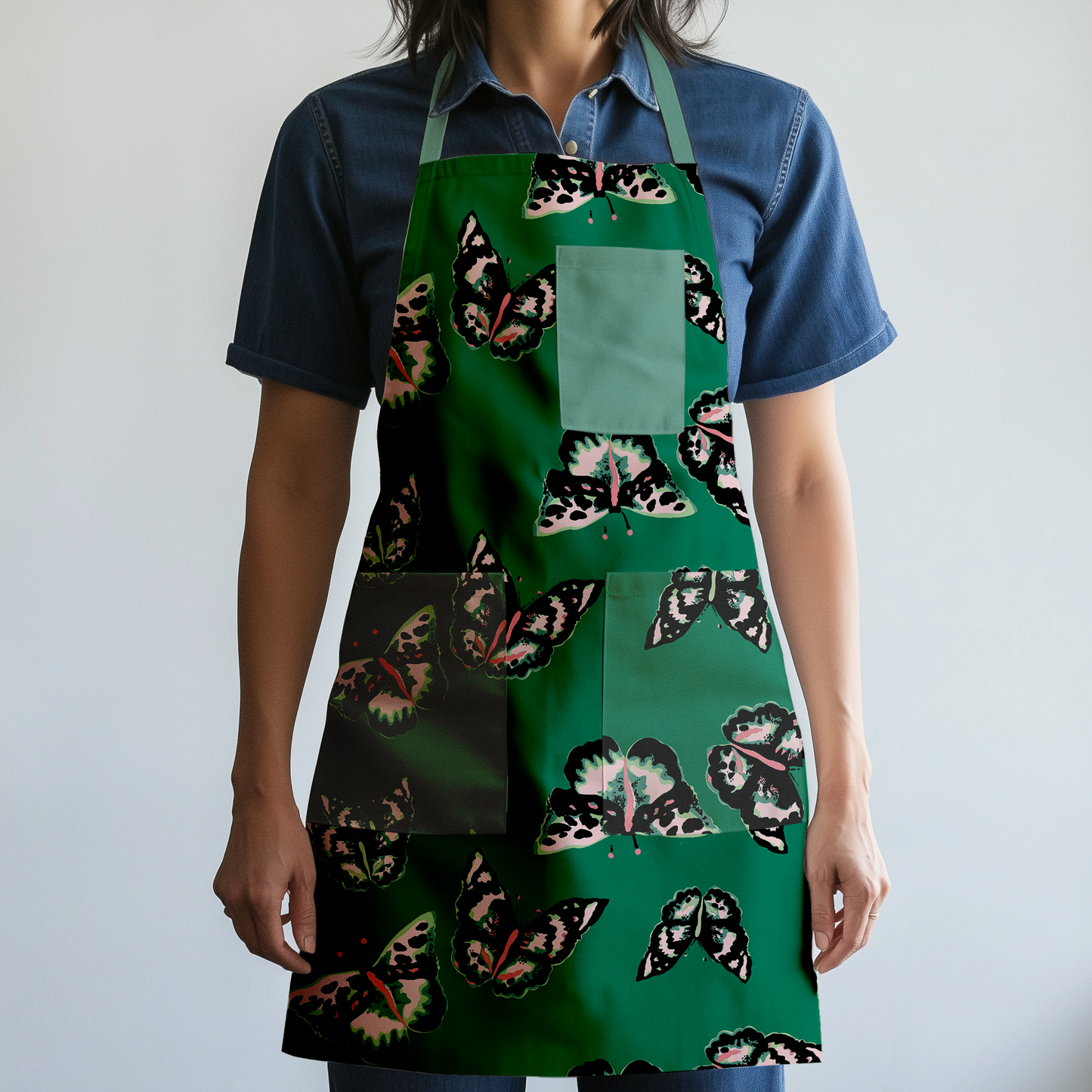 Sweet Green Butterflies Full Chef Apron in Mid Weight Cotton Twill