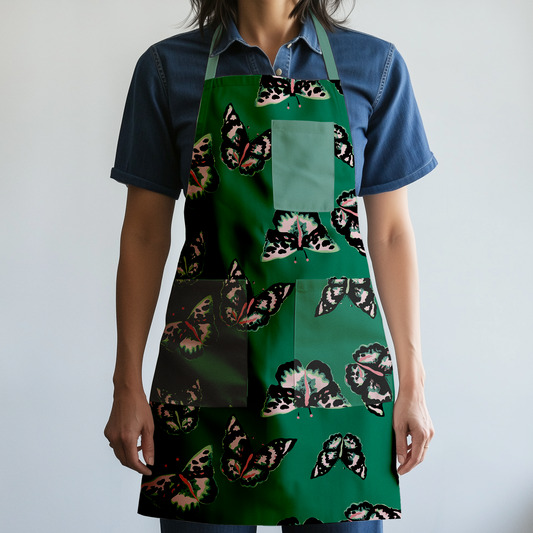 Sweet Green Butterflies Full Chef Apron in Mid Weight Cotton Twill