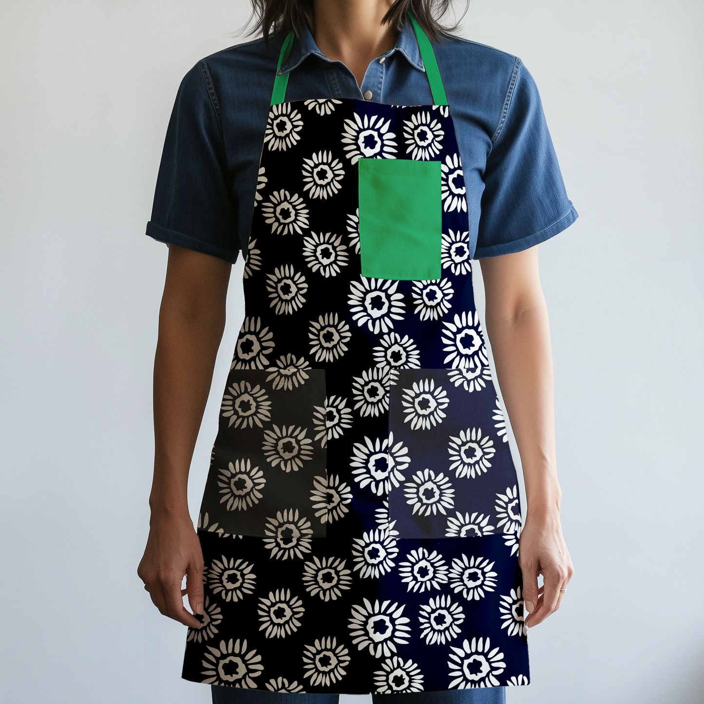 Navy Daisies Full Chef Apron in Mid Weight Cotton Twill