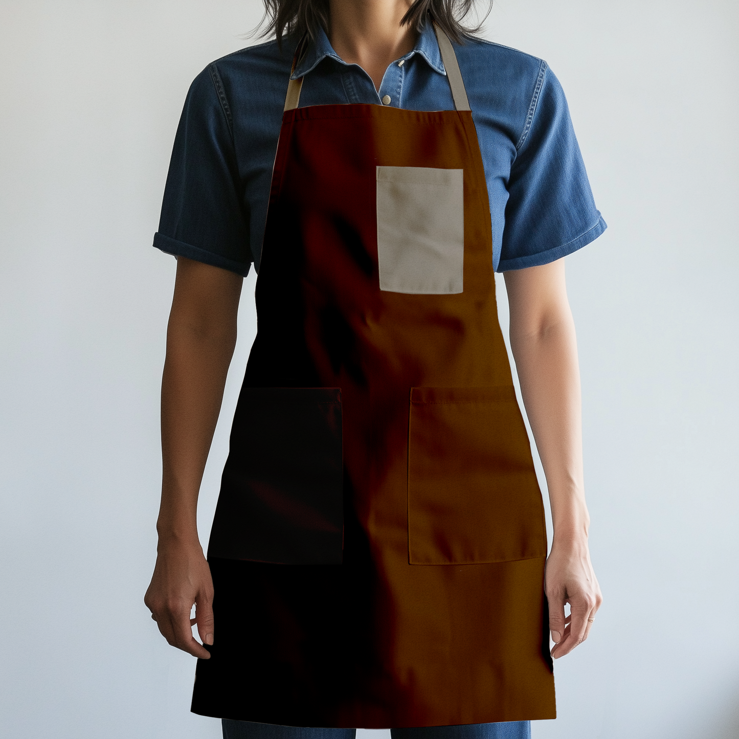 Solid Full Chef Apron in Brown with Tan Pocket in Mid Weight Cotton Twill