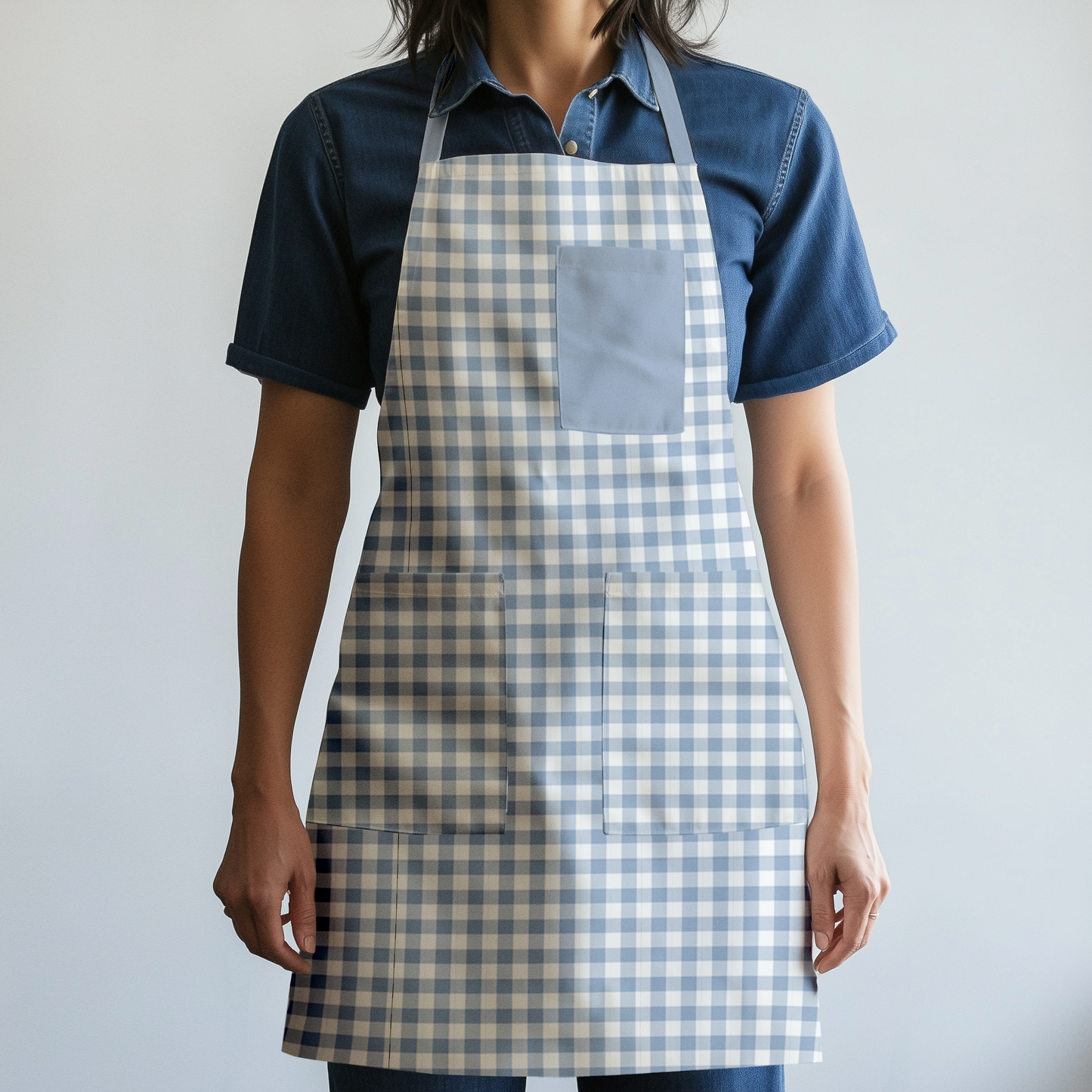 Mini Gingham Full Chef Apron in Pastel Blue in Mid Weight Cotton Twill