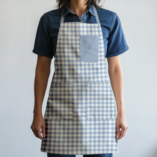 Mini Gingham Full Chef Apron in Pastel Blue in Mid Weight Cotton Twill