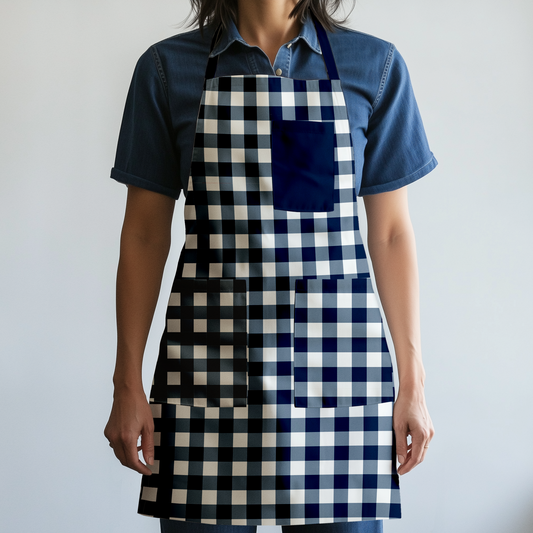 Gingham Full Chef Apron in Navy in Mid Weight Cotton Twill