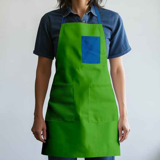 Solid Full Chef Apron in Green with Deep Blue Pocket in Mid Weight Cotton Twill