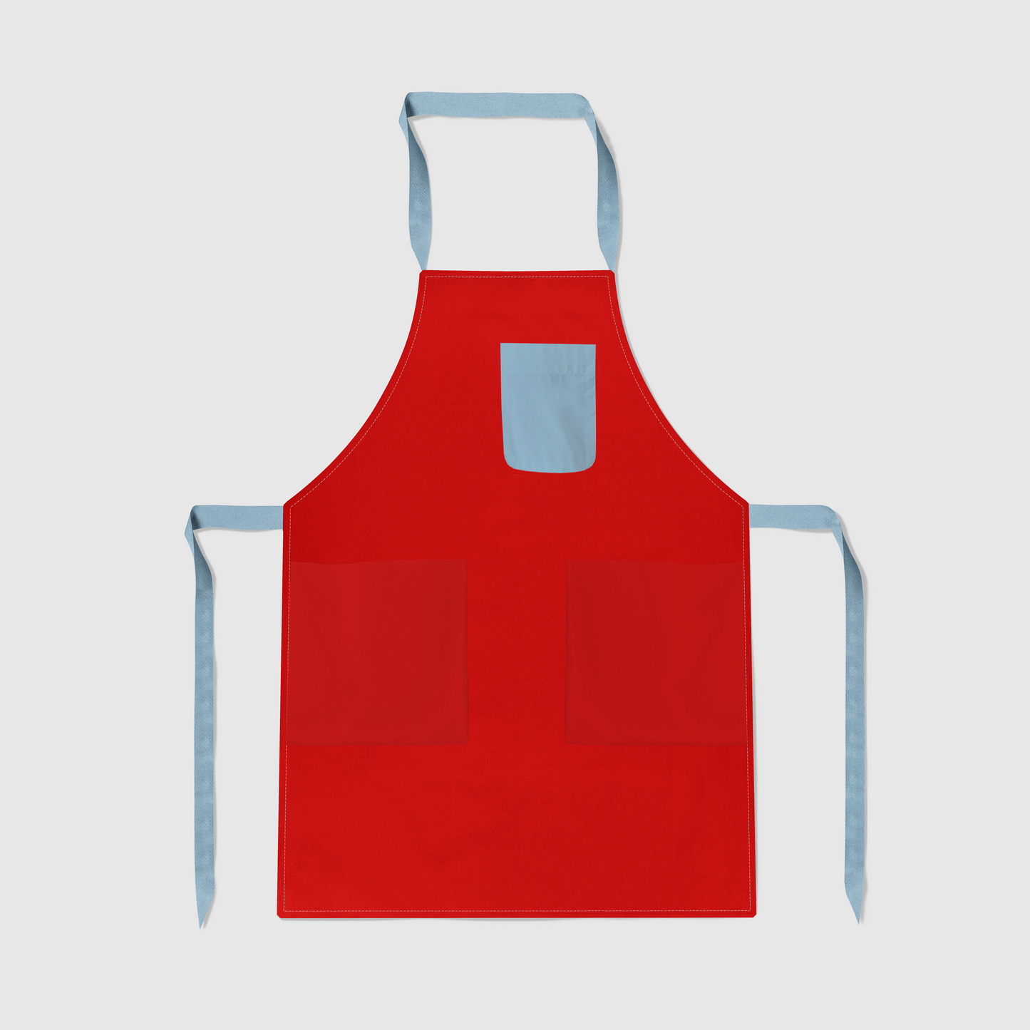 Solid Full Chef Apron in Red with Light Blue Pocket in Mid Weight Cotton Twill