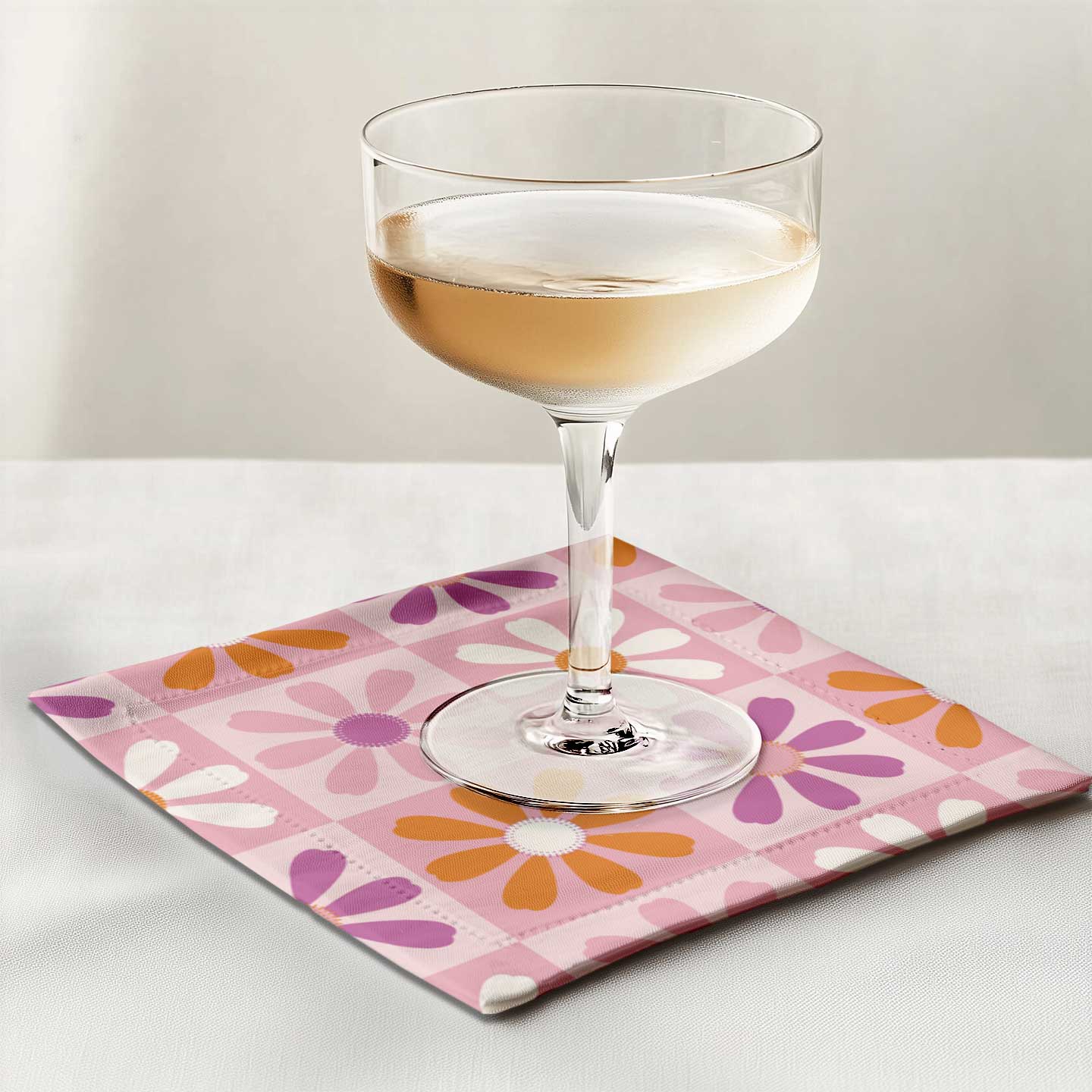 Checker Flowers Cocktail Napkin in Organic Cotton Voile