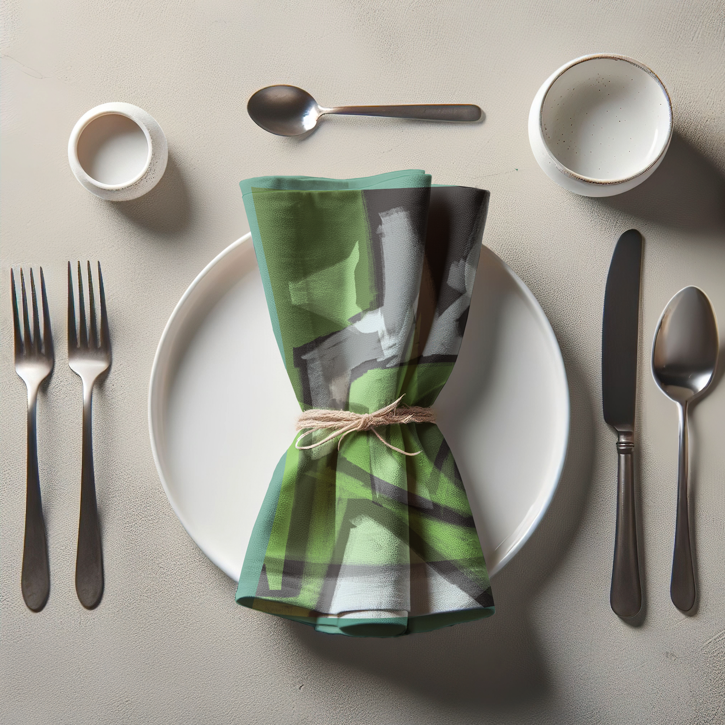 Graphic Lines Napkin with Green in Lightweight Linen