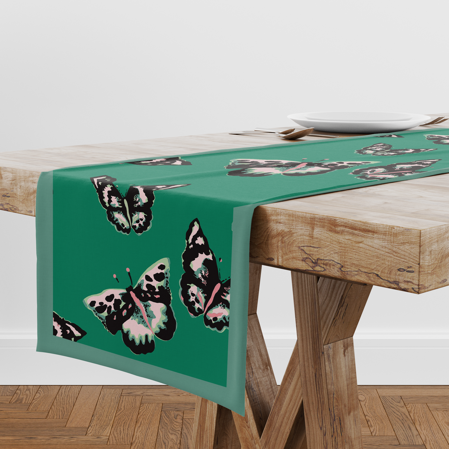 Sweet Green Butterflies Runner - Linen in Lightweight Linen
