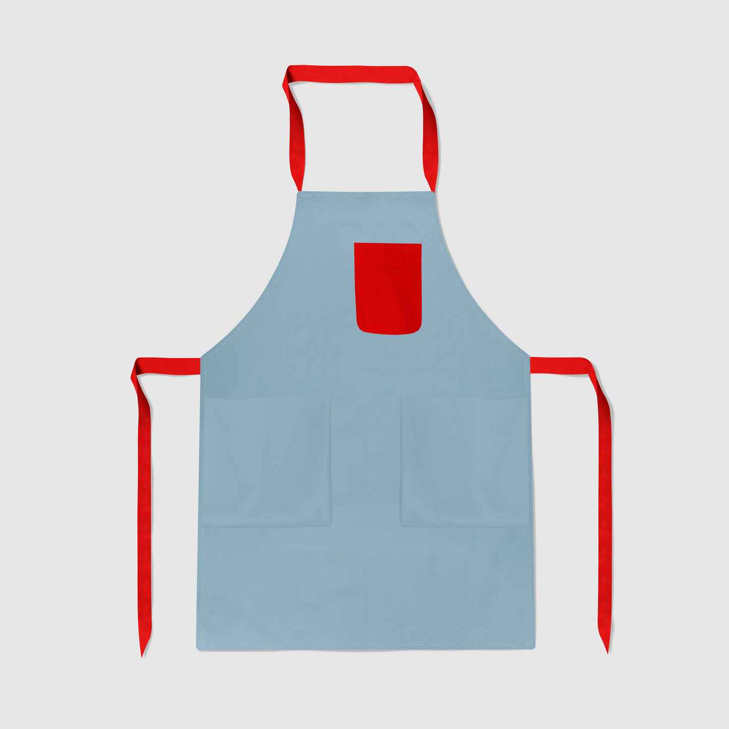 Solid Full Chef Apron in Light Blue with Red Pocket in Mid Weight Cotton Twill