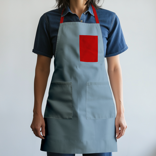 Solid Full Chef Apron in Light Blue with Red Pocket in Mid Weight Cotton Twill