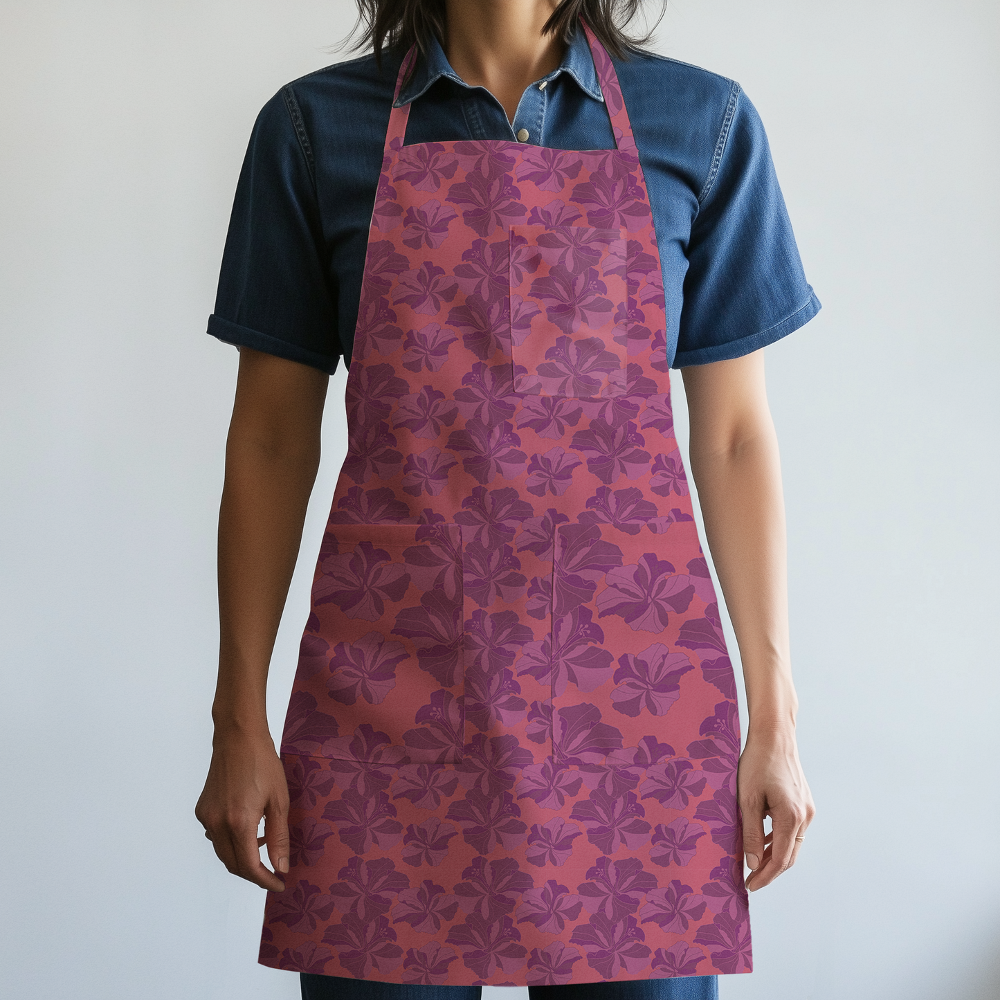 Tropical Cayena Full Chef Apron in Coral & Purple Organic Cotton Canvas Mid Weight